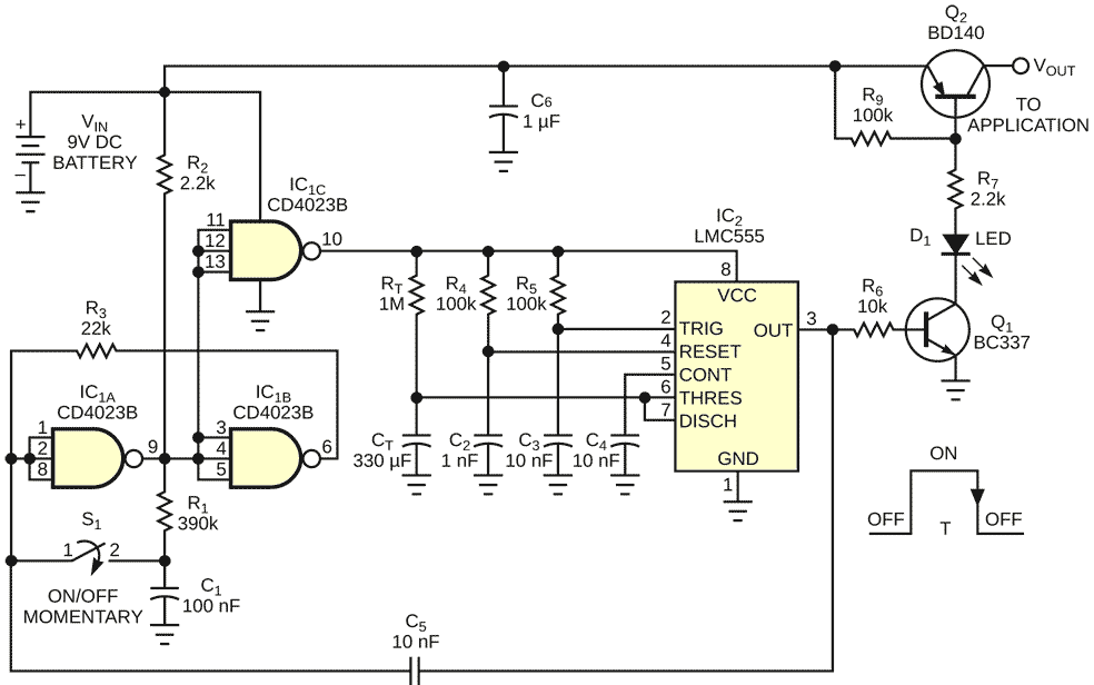 This battery-saving circuit is handy for applications requiring a limited operating time.