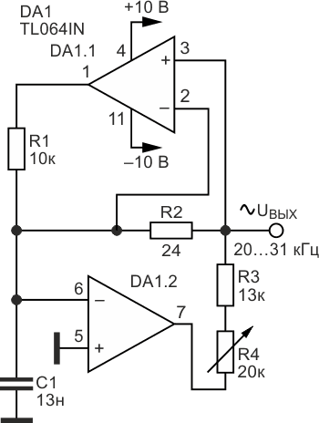 Генератор синусоидальных сигналов на микросхеме TL064IN.