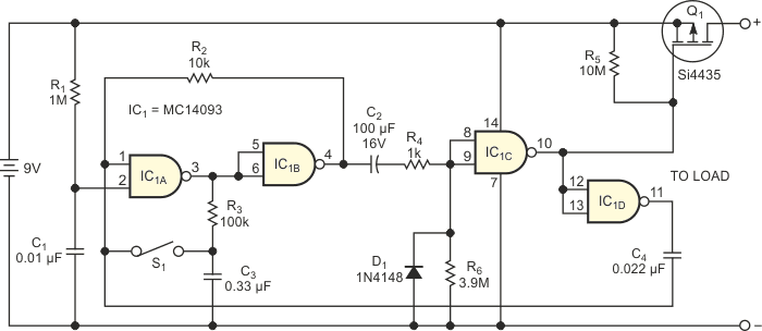 An improved power-off circuit automatically disconnects the battery after a preset on period.