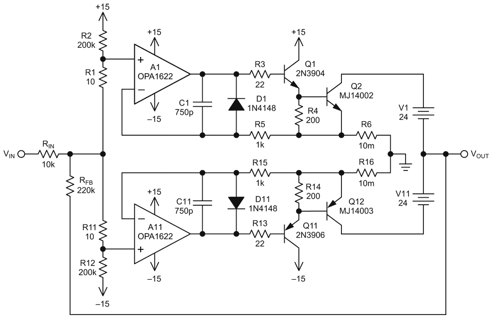 Schematic of high output voltage swing current booster. Higher swing is provided by using floating power supplies and taking the output from the collectors of the output transistors. Note global feedback in order to close the loop around the output stage.