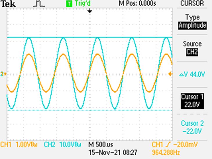Осциллограммы входного и выходного сигналов на частоте 1 кГц.