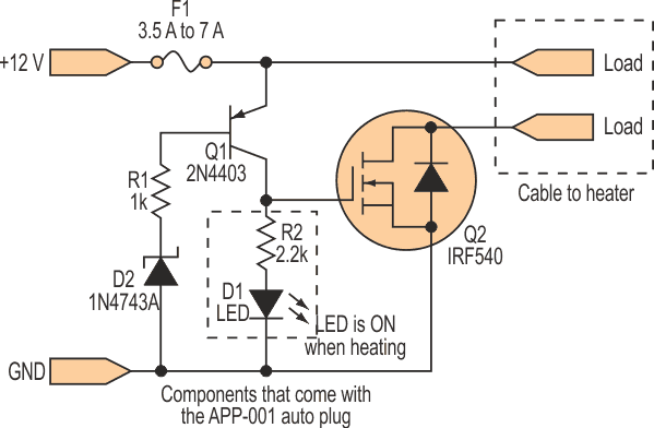 Built inside a standard automotive plug, this circuit turns off power to a thermoelectric cooler when the car's battery voltage falls below 12 V.