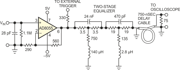 This circuit modifies vintage oscilloscopes having no internal delay line.