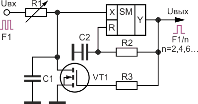 Делитель частоты входного сигнала на четное число.