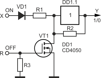 Логический элемент с памятью состояния на основе повторителя напряжения микросхемы CD4050.