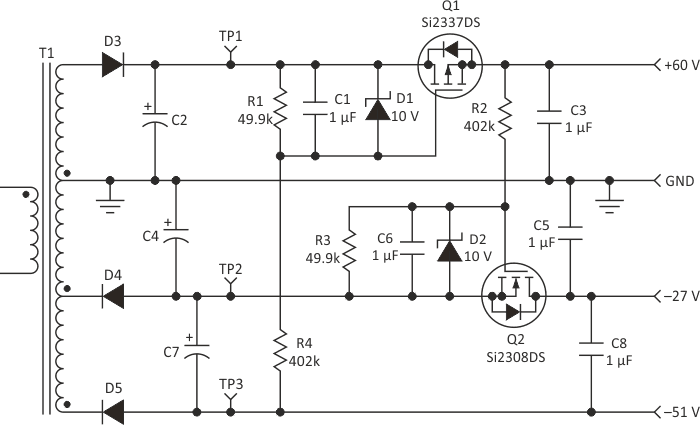 Adding a pair of FETs and associated components to this typical flyback converter output allows designers to create delays for two of the output voltages. Thus, they can establish a proper turn-on sequence for IC supply voltages.