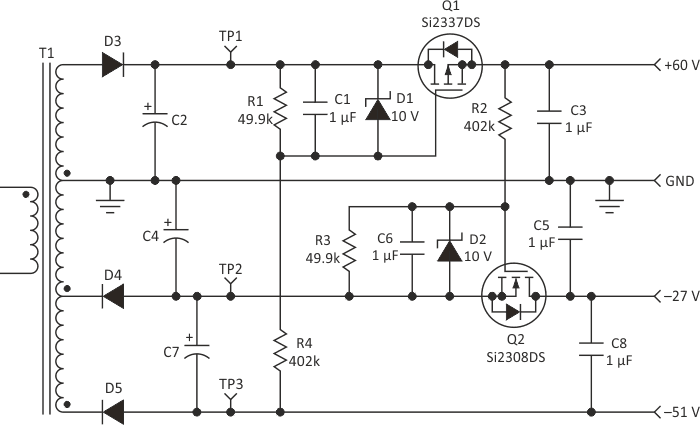 Добавление пары MOSFET и связанных с ними компонентов к выходам этого типичного обратноходового преобразователя позволяет разработчикам устанавливать задержки для двух выходных напряжений. Таким образом они могут задать правильную последовательность включения напряжений питания микросхемы.