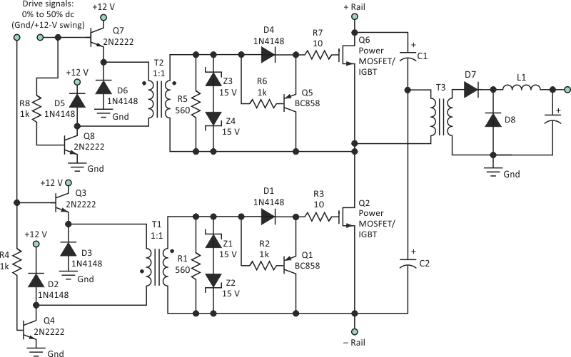 A typical forward-converter application uses two of the gate drive transformer circuits connected as shown.