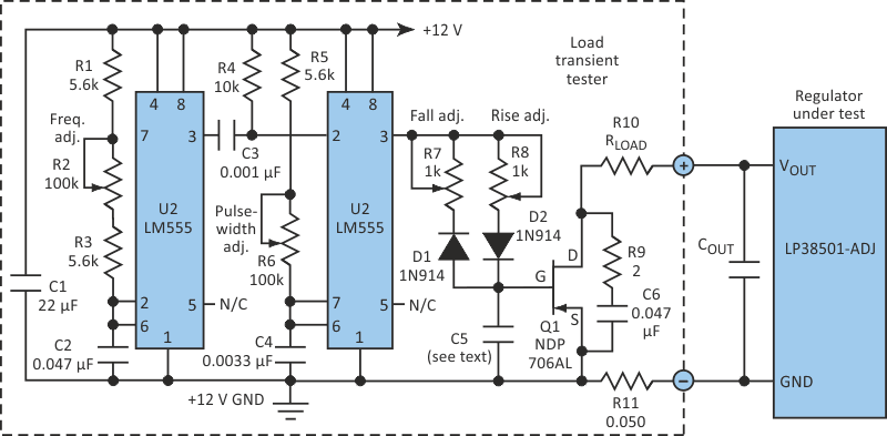 This electronic load transient tester allows users to vary both the frequency and duration of the pulses that control the load current. As a result, the slew rates of the load current can be controlled.