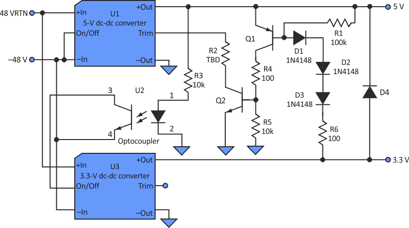 Adding an optocoupler (U2) and a resistor to this power circuit is all that's needed to ensure the proper startup sequence of the 3.3- and 5-V converters.