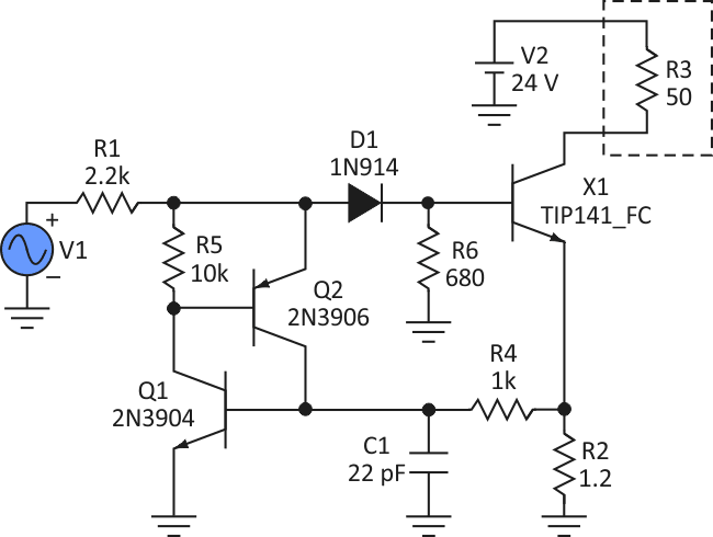 В этой схеме поимпульсного ограничения тока для управления резистивным нагревательным элементом используется сигнал ШИМ, обеспечивающий тепловую мощность, прямо и линейно пропорциональную коэффициенту заполнения управляющих импульсов.