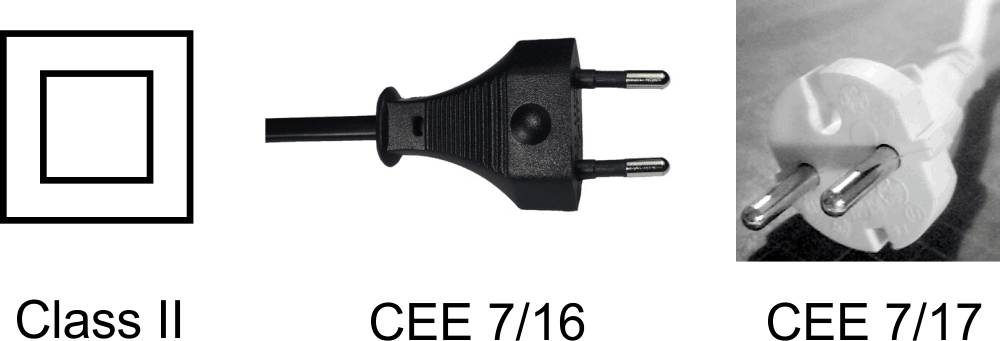 Обозначение оборудования класса II (два квадрата), а также вилки типа CEE 7/4 и CEE 7/7 с двумя контактами [5]. (Фотографии с сайта https://upload.wikimedia.org).