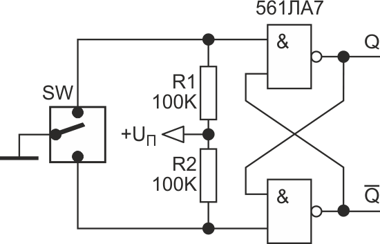 Антидребезговая схема на RS-триггере.