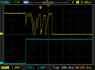 Осциллограммы сигналов: желтая - CLU2_A_IN, бирюзовая - CLU2_ASYNC_OUT; а - при нажатии кнопки, б - при отпускании.
