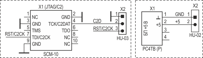 Схема подключения к плате кабелей: a - от USB DEBUG ADAPTER'a, б - от БП.
