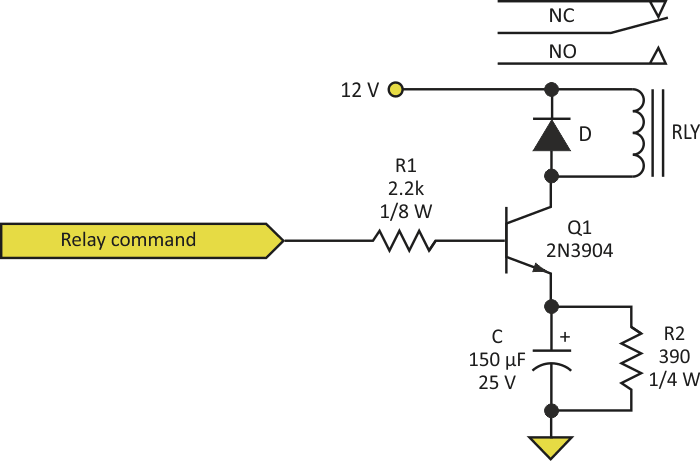 An RC circuit in series with the coil allows full-current turn-on for reliable relay operation, then reduces the current to save power.