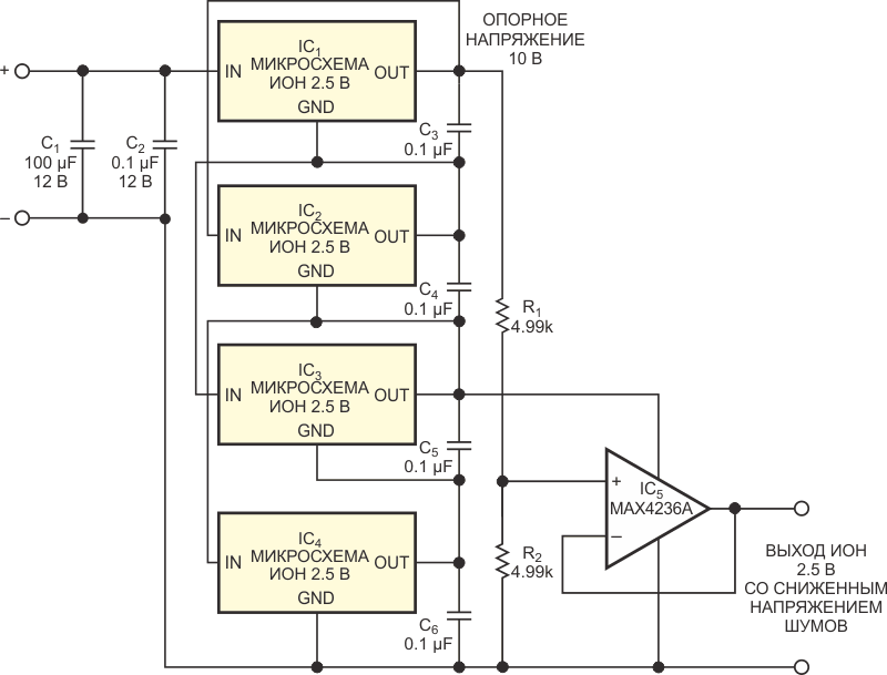 Четыре ИОН 2.5 В IC1 - IC4 выдают напряжение 10 В. Резисторы R1 и R2 образуют делитель, который уменьшает выходное напряжение 10 В до 2.5 В и снижает напряжение выходного шума вдвое. Буферный усилитель IC5 изолирует схему ИОН от нагрузки.