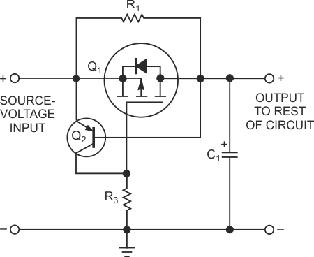 A power-MOSFET-limiting circuit restricts inrush current and protects against output short circuits.