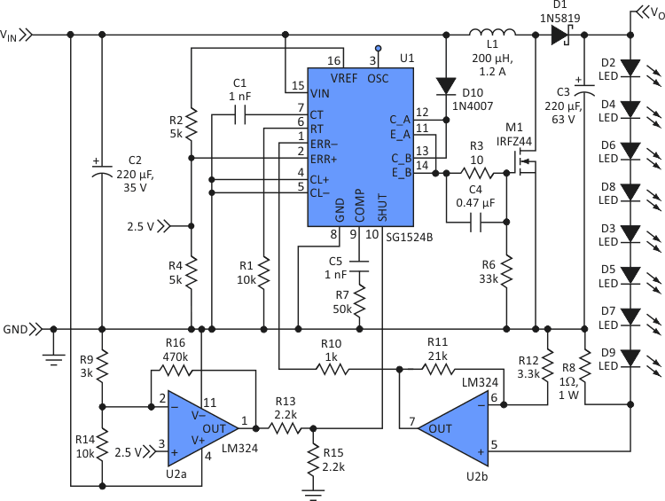 This driver circuit for multiple white, high-power LEDs maintains constant light intensity with varying input voltage. It also provides dimming capability and protection against deep discharging of the battery.