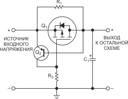 Схема на мощном MOSFET ограничивает пусковой ток и защищает от коротких замыканий.