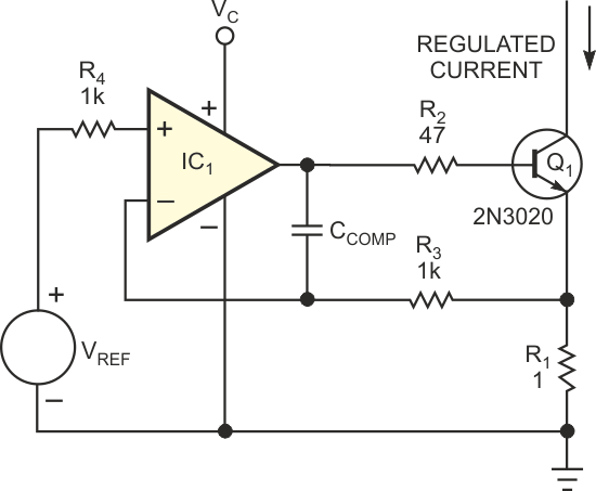 This typical quickly responding constant-current sink uses a bipolar transistor but suffers from base-current-induced error. Its normal output current is IOUT = (VREF/R1) - IB.