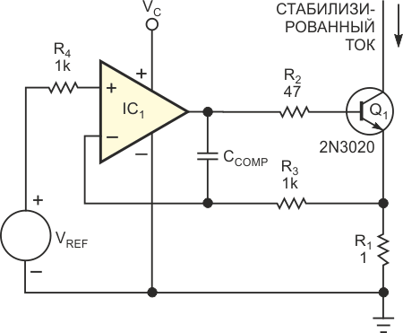 Выходной ток этого типичного быстродействующего источника втекающего тока на основе биполярного транзистора содержит ошибку, вызванную током базы. Его нормальный выходной ток IOUT = (VREF/R1) - IB.
