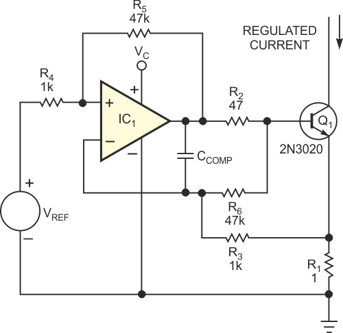 You can further simplify the current sink's design by adding only two resistors, R5 and R6, to the original in Figure 1. The output-current equation remains IOUT = (VREF/R1), as in Figure 2.