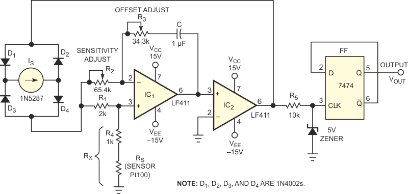 This simple circuit converts a resistance reading to a time period.