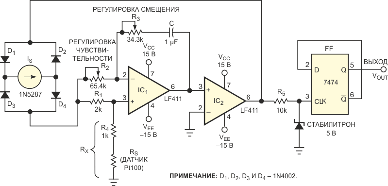 Эта простая схема преобразует значение сопротивления в период времени.