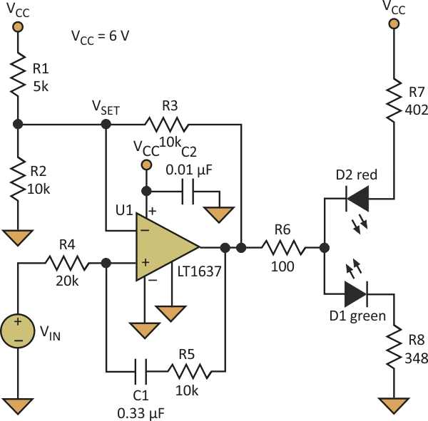 This modified Wien-Bridge oscillator has three output states - high, low, and oscillation - that depend on the input voltage. It drives a bi-color LED to provide a visual indication of the input's relationship to upper and lower thresholds.