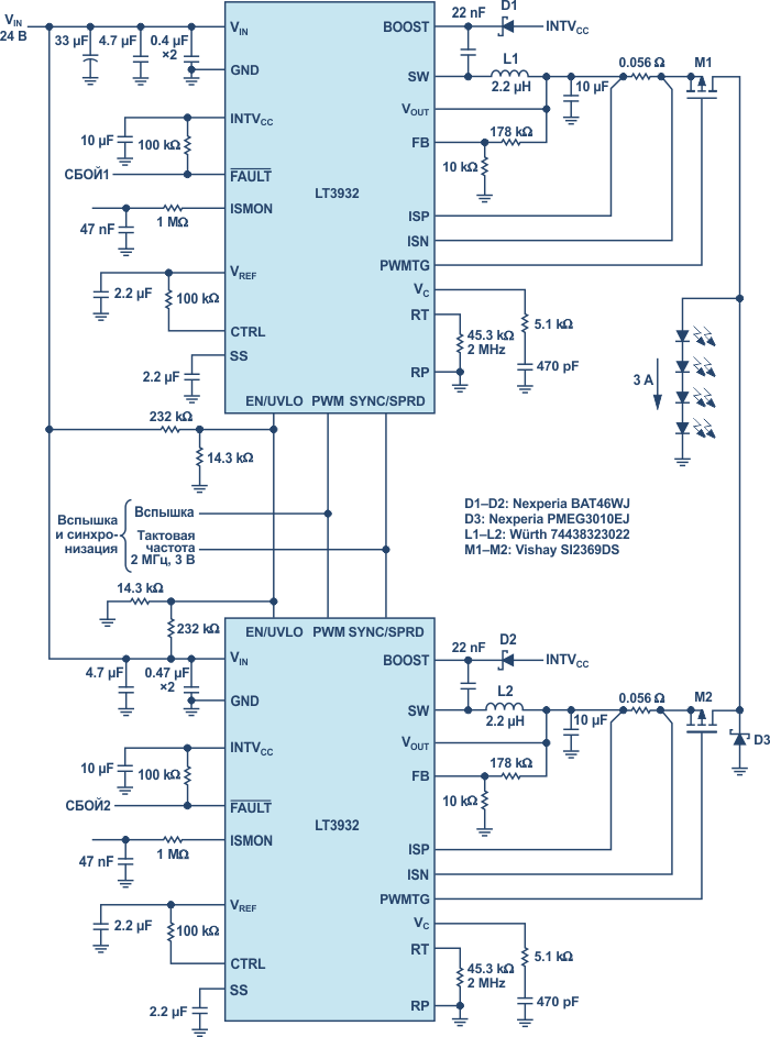 Включенные параллельно 1.5-амперные светодиодные драйверы LT3932 обеспечивают систему машинного зрения импульсами амплитудой 3 А с длительным временем отключения.