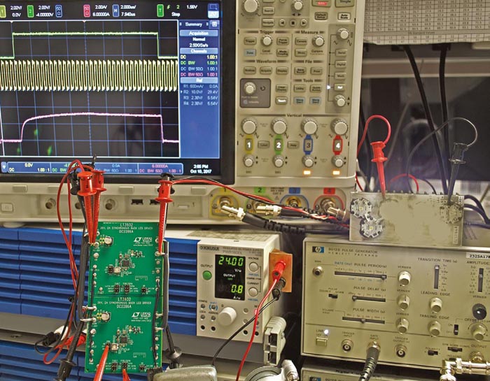 Two DC2286A LT3932 demo circuits are easily connected in parallel to create the 3 A to 4 A machine vision LED flash application shown in Figure 1.