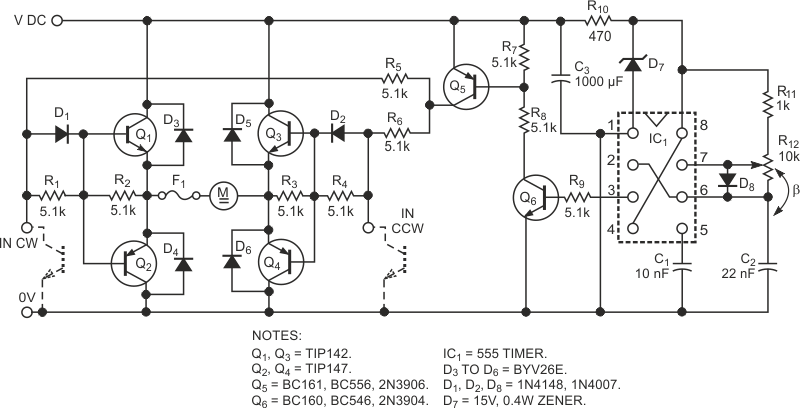 You can set a motor's rotational direction and speed using this simple circuit.