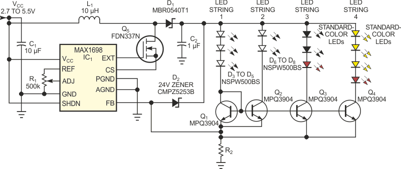 In this LED-driver circuit, a switching converter, IC1, and associated components lets you mix LED quantities and types.