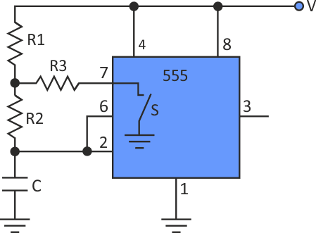 Добавление резистора R3 к стандартной схеме на таймере 555 позволяет установить коэффициент заполнения, равный 50%.