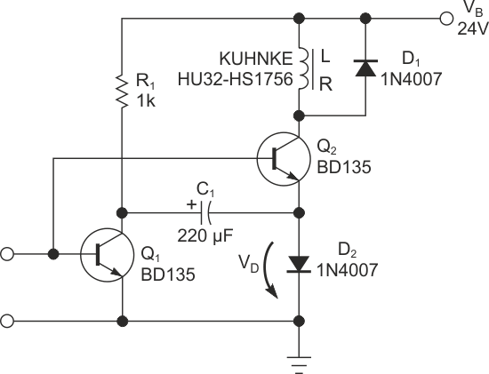 This circuit bootstraps the power supply voltage across the solenoid to temporarily double the actuation voltage.
