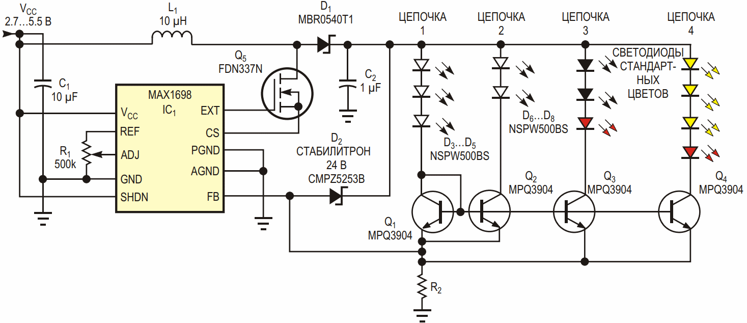 В этой схеме драйвера светодиодов импульсный преобразователь IC1 и связанные с ним компоненты позволяют смешивать светодиоды разных типов и в разных количествах.