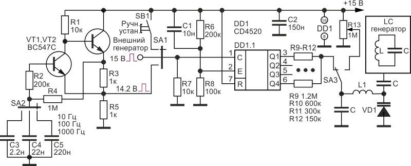 Плавно-ступенчатое на 16 позиций управление частотой LC-генератора.