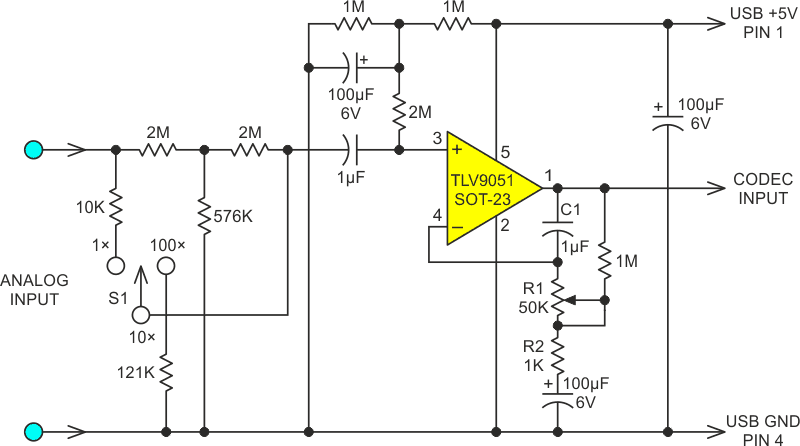 Sound card oscilloscope front end schematic.