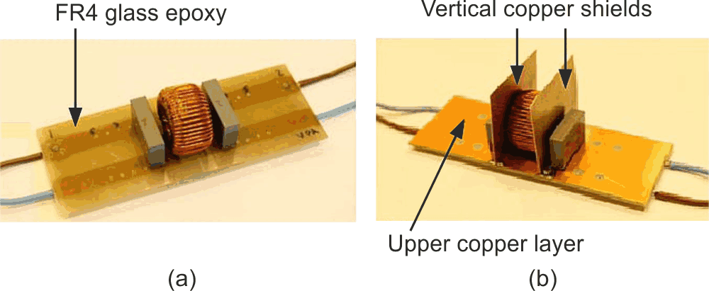 Two different configurations for the DM EMI filter: In (a), the filter is on top of a single-copper-layer PCB with a distance of 3.5 mm between each of the filter components. In (b), the filter is atop a double-copper-layer (top and bottom) PCB and two vertical copper shields, with 3.5 mm between each of the filter components. (Image from Reference 9)