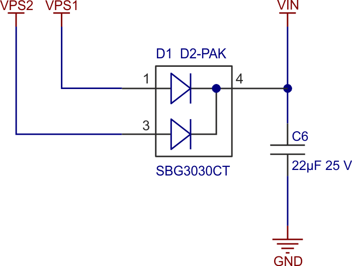 Two power supplies of equal voltage drive the load in current-share mode.