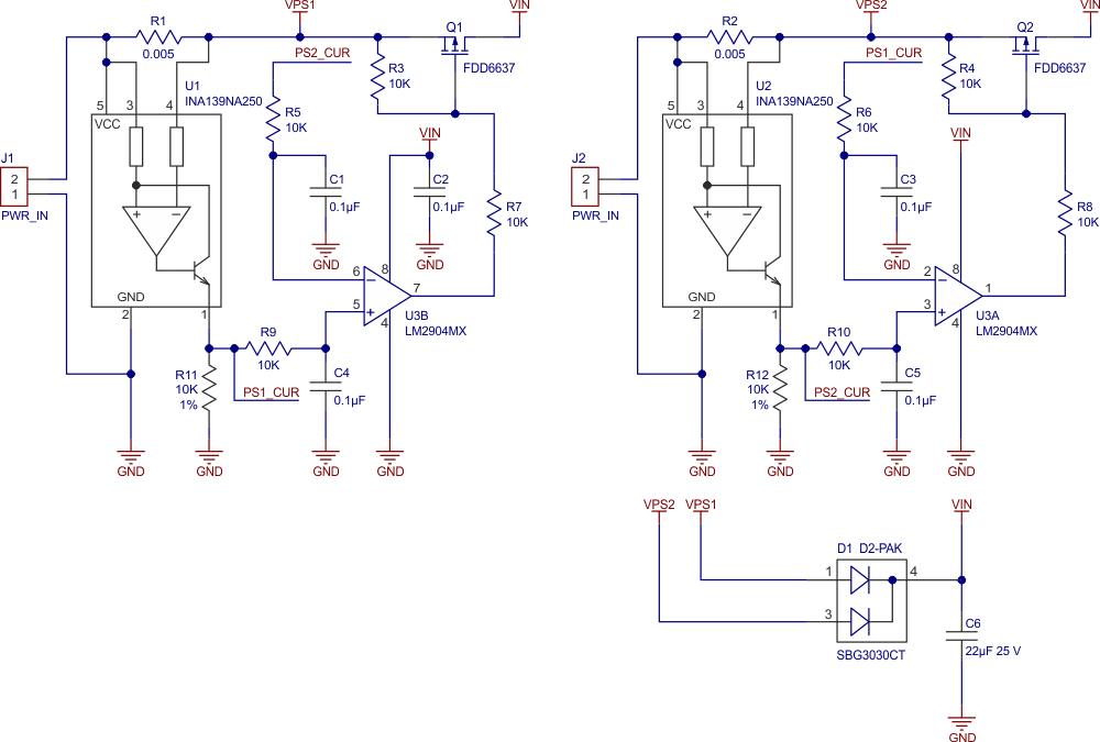 High-side current monitors U1 and U2 sense each supply's current, and cross-coupled control of Q1 and Q2 equalizes the current sourced by each supply.