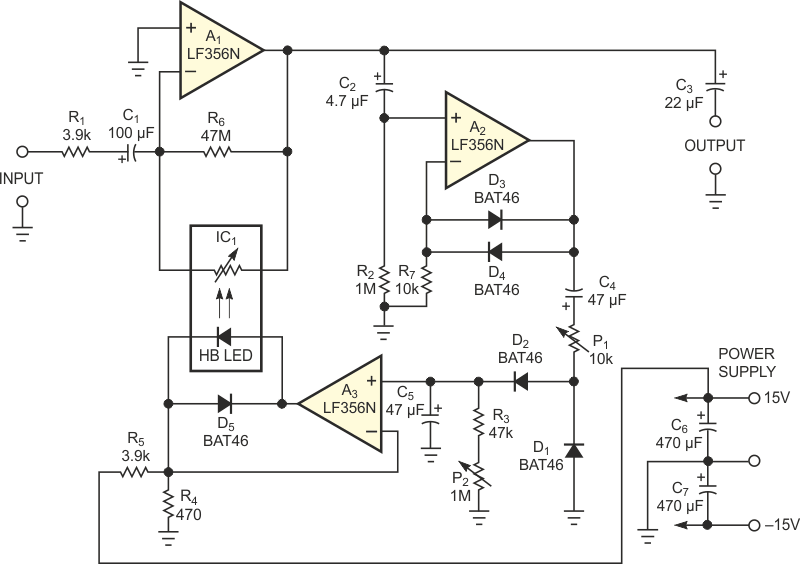The adaptive-amplifier system has the optocoupler in a feedback loop.