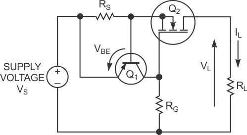 A conventional two-transistor current limiter prevents excessive current from reaching the load.