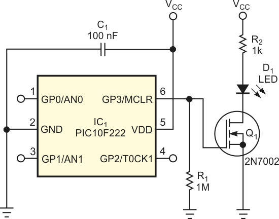 Добавление MOSFET и соответствующих цепей к входному контакту MCLR микроконтроллера PIC превращает этот контакт в выход.