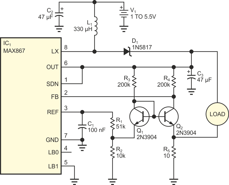 The use of a current mirror in the feedback loop boosts efficiency and stability in this current-output step-up converter.