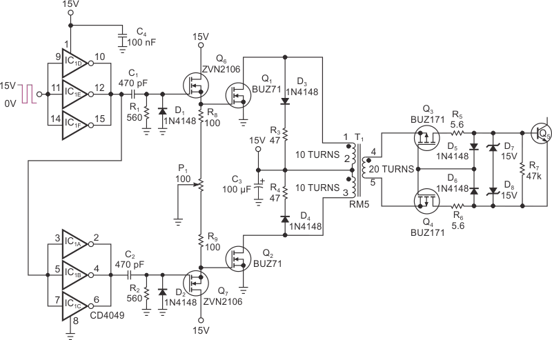 This isolated pulse driver can transmit all duty cycles, even with high-power MOSFET/IGBT modules that have large input-gate capacitance.