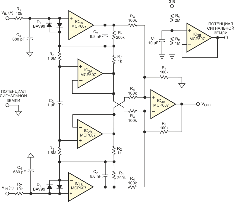 Этот инструментальный усилитель с большим CMRR работает при очень низких напряжениях питания.