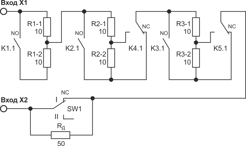 Электрическая схема устройства. Исходное положение «I» переключателя SW1 соответствует диапазону сопротивлений 5 - 50 Ом, положение «II» соответствует диапазону сопротивлений 55 - 100 Ом.