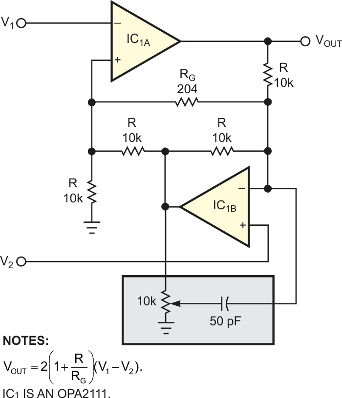  You can build an instrumentation amplifier by providing a common feedback path for two sides of a dual op amp.